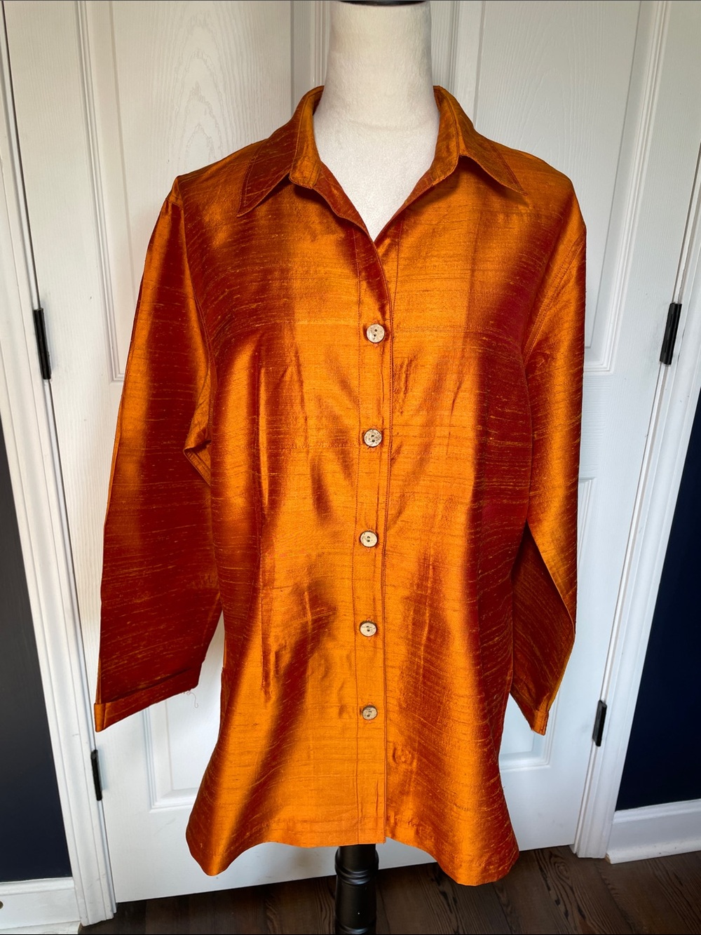 VTG Anu By Natural Silk Shantung Button Down Top Copper Orange Metallic Size XL